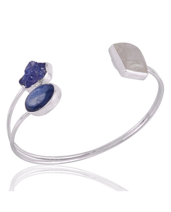 Kyanite Rainbow Moonstone and Rough Tanzanite Solid Silver Handmade Cuff Bracelet