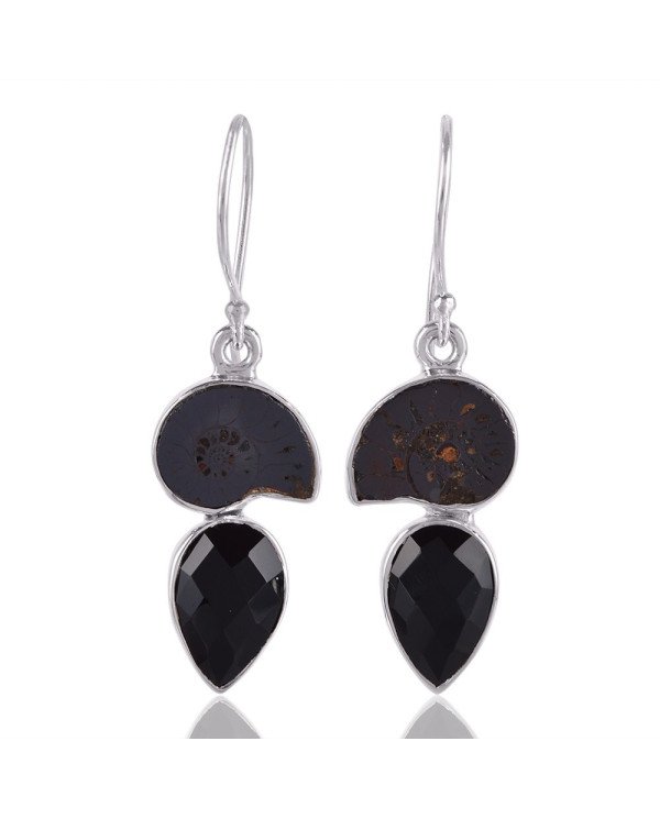 Black Onyx and Hematite Ammonite Fossil Dangling Earring Black Silver Earrings