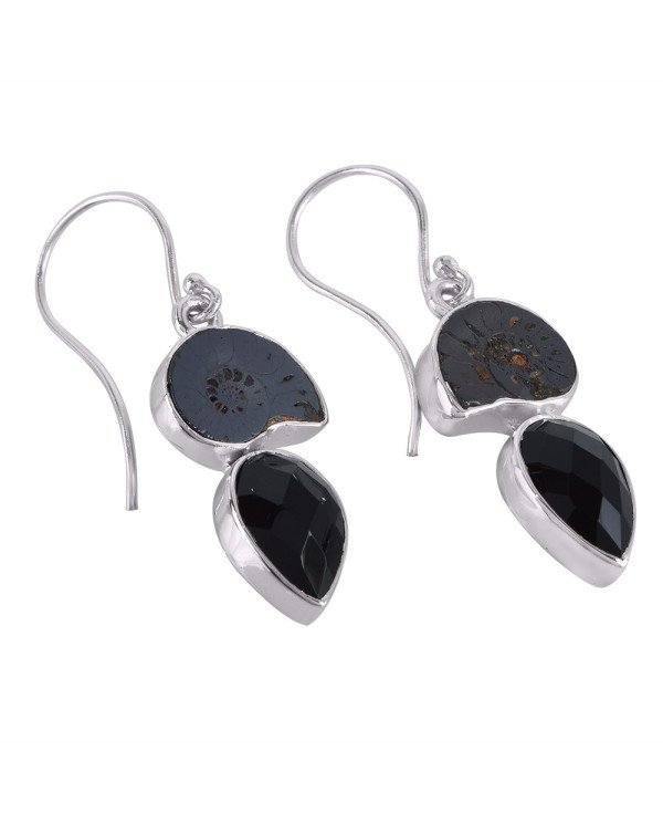 Black Onyx and Hematite Ammonite Fossil Dangling Earring Black Silver Earrings
