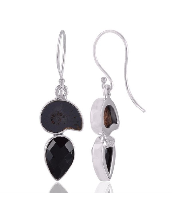 Black Onyx and Hematite Ammonite Fossil Dangling Earring Black Silver Earrings