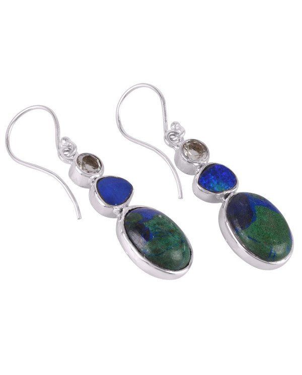 Azurite Malachite Opal Doublet and Green Amethyst Silver Earrings