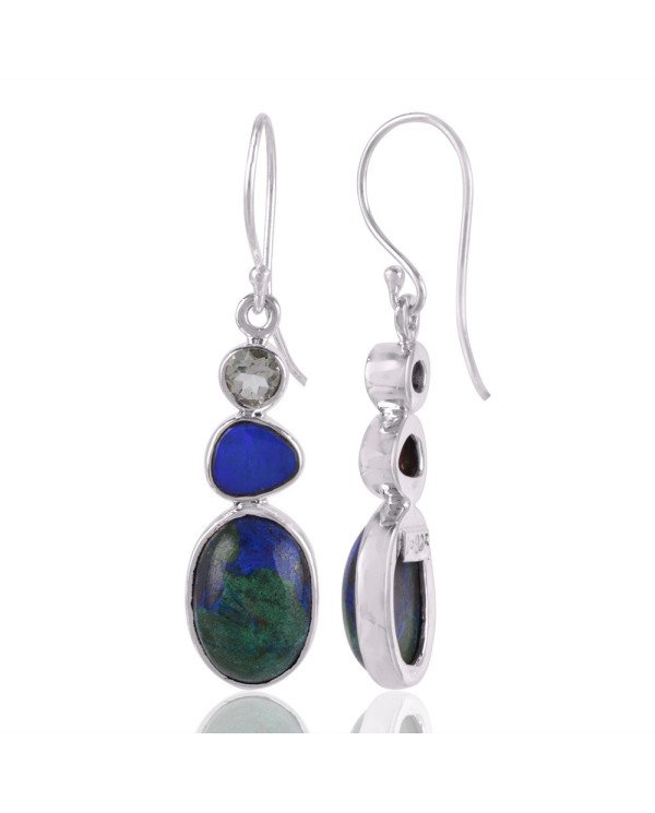 Azurite Malachite Opal Doublet and Green Amethyst Silver Earrings