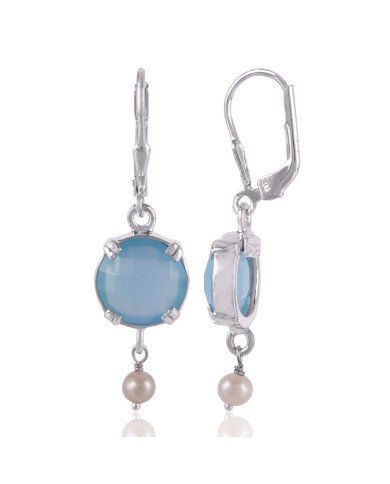 Blue Onyx and Pearl Dangle Drop Silver Earring Designer Earring for Girls and Womens