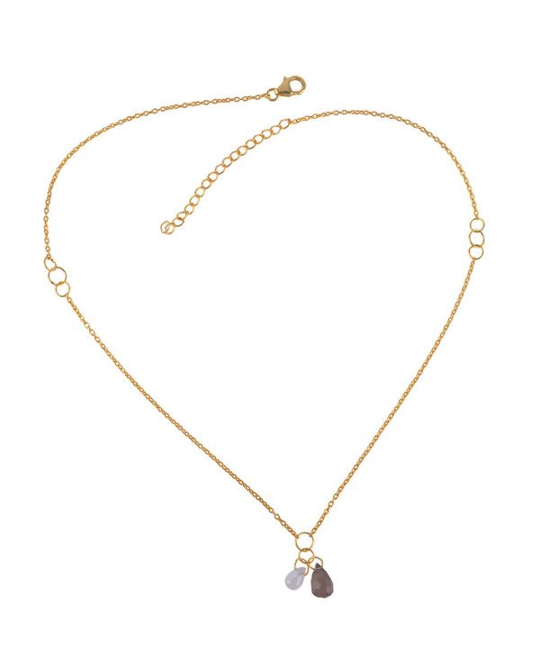 Smoky Quartz and Rainbow Moonstone Drop Necklace Small Gold Plated Silver Necklace