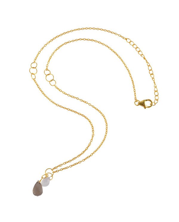 Smoky Quartz and Rainbow Moonstone Drop Necklace Small Gold Plated Silver Necklace