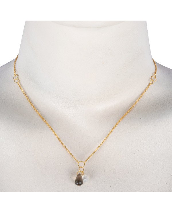 Smoky Quartz and Rainbow Moonstone Drop Necklace Small Gold Plated Silver Necklace