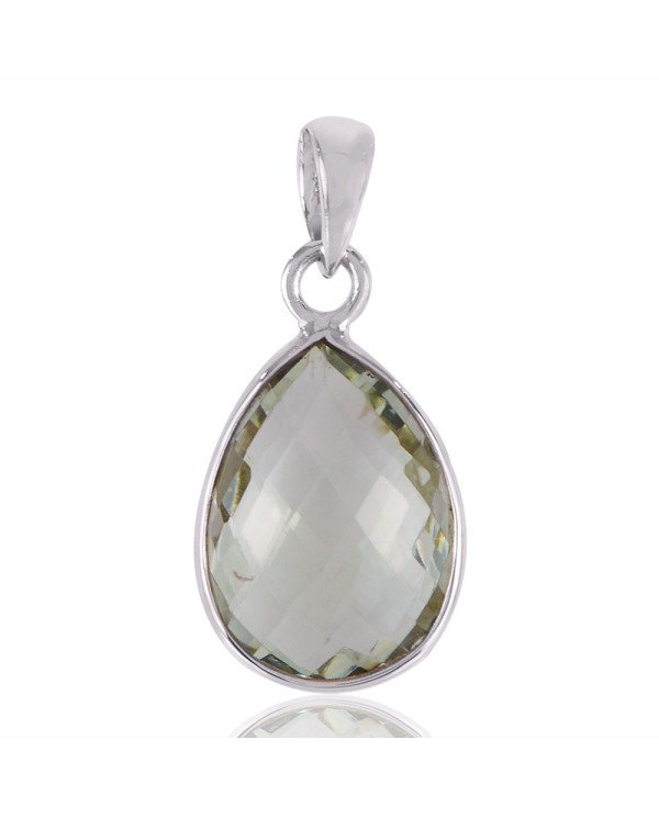 Prasiolite Green Amethyst Tear Drop Bezel Sterling Silver Pendant