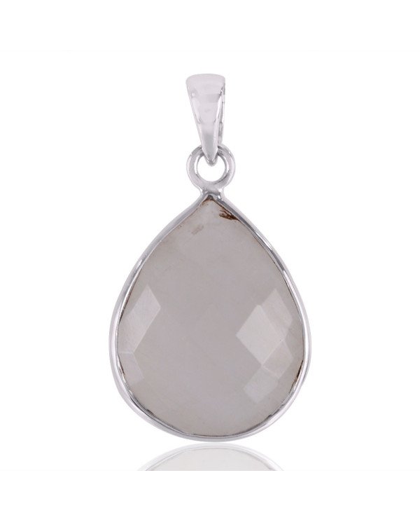 Rainbow Moonstone Teardrop Bezel Set Pendant in 925 Sterling Silver