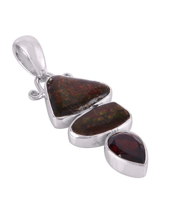 Canadian Ammolite and Garnet Three Gemstone Silver Pendant Necklace