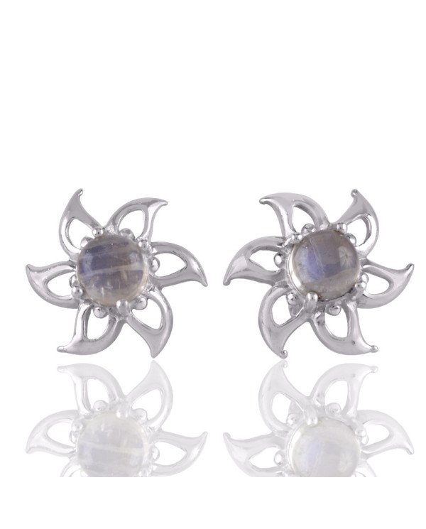Rainbow Moonstone Solid Silver Designer Flower Stud Earrings