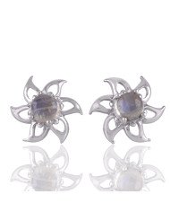 Rainbow Moonstone Solid Silver Designer Flower Stud Earrings