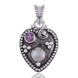 Amethyst and Rainbow Moonstone Hear Love Silver Pendant Necklace