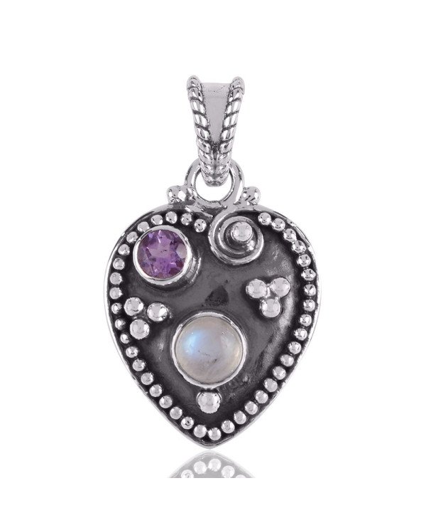 Amethyst and Rainbow Moonstone Hear Love Silver Pendant Necklace