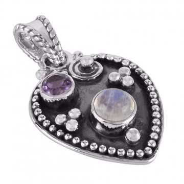 Amethyst and Rainbow Moonstone Hear Love Silver Pendant Necklace