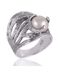Pearl Gemstone Hammered 925 Solid Sterling Silver Ring