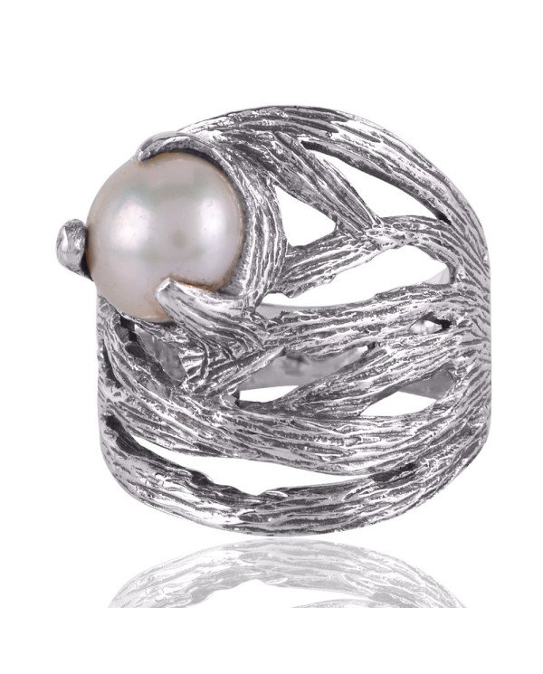 Pearl Gemstone Hammered 925 Solid Sterling Silver Ring
