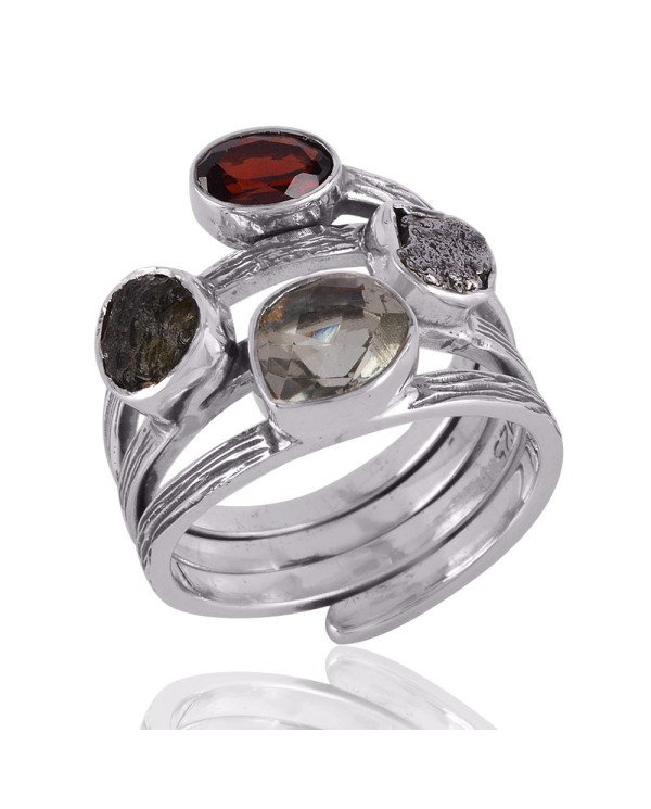 Moldavite Meteorite Garnet And Green Amethyst Gemstone 925 Sterling Silver Ring