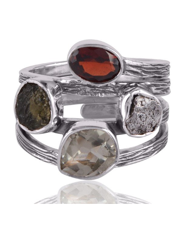 Moldavite Meteorite Garnet And Green Amethyst Gemstone 925 Sterling Silver Ring