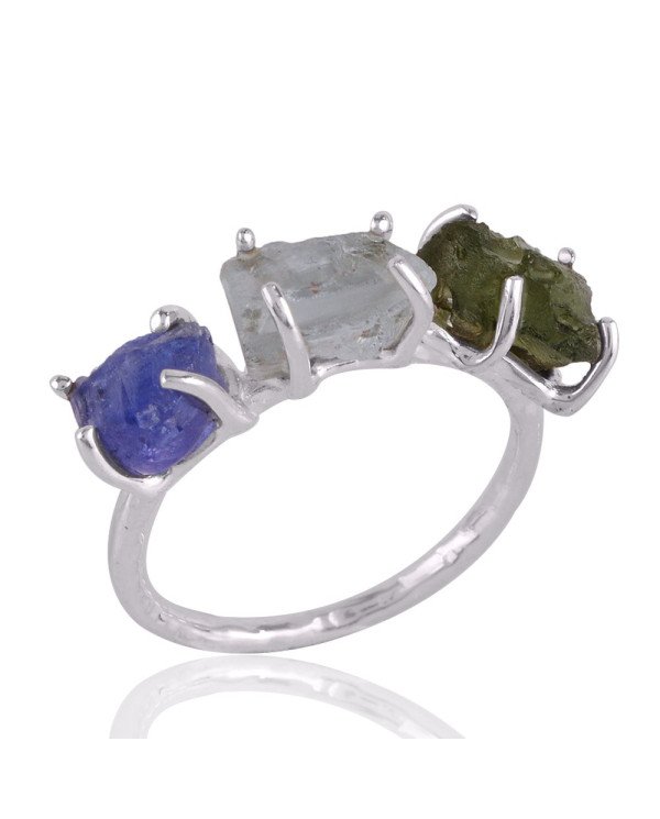 Aquamarine Moldavite and Tanzanite Rough Gemstone Silver Ring