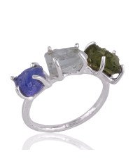 Aquamarine Moldavite and Tanzanite Rough Gemstone Silver Ring