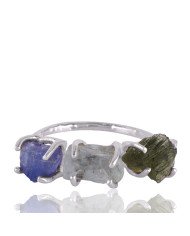 Aquamarine Moldavite and Tanzanite Rough Gemstone Silver Ring