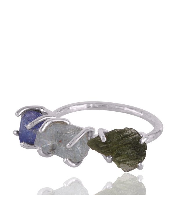 Aquamarine Moldavite and Tanzanite Rough Gemstone Silver Ring
