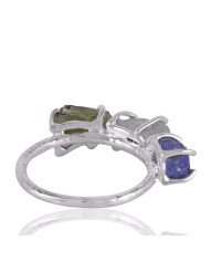 Aquamarine Moldavite and Tanzanite Rough Gemstone Silver Ring