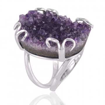 Amethyst Drusy Sterling Silver Prong Ring