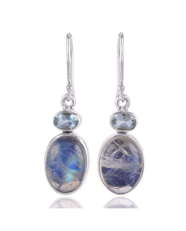 Rainbow Moonstone and Blue Topaz Silver Dangle Earring Everyday Wear Jewelry