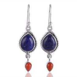 Lapis Lazuli and Red Coral Drop Earring Silver Coral Earring