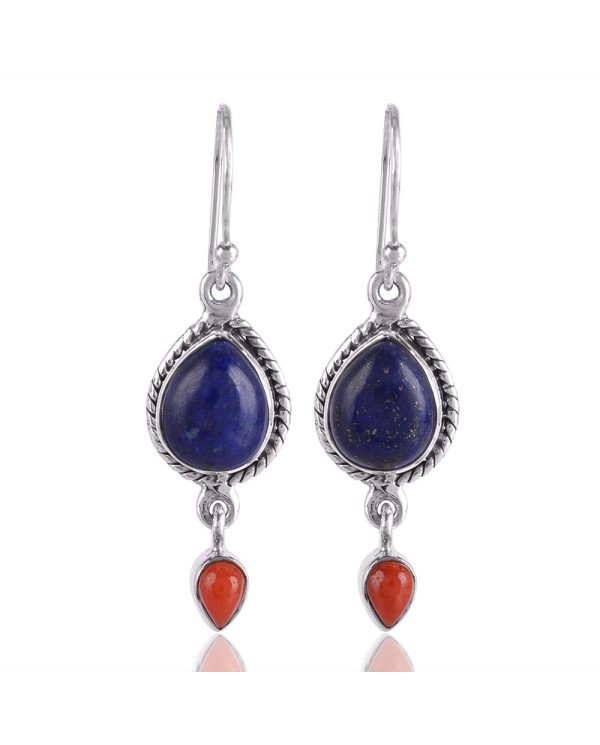 Lapis Lazuli and Red Coral Drop Earring Silver Coral Earring