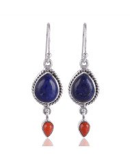 Lapis Lazuli and Red Coral Drop Earring Silver Coral Earring