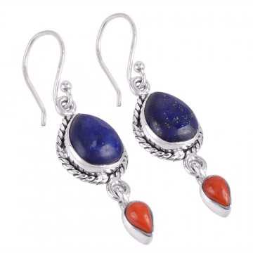 Lapis Lazuli and Red Coral Drop Earring Silver Coral Earring