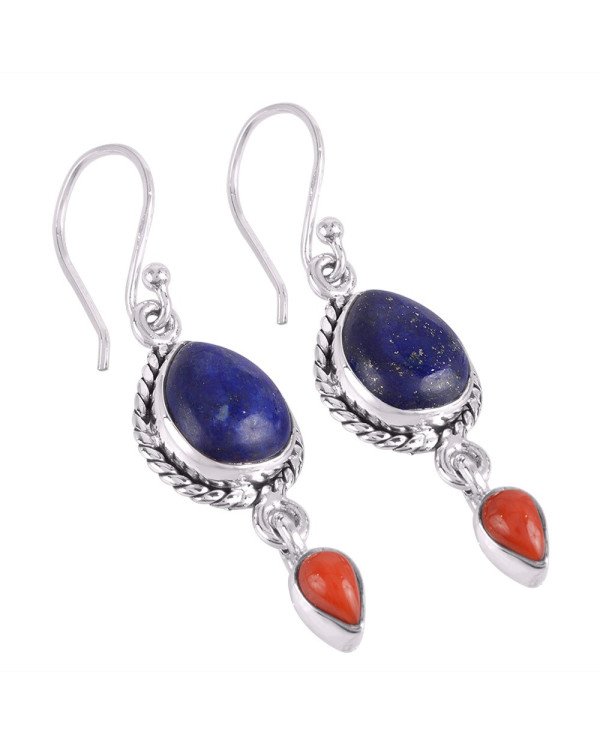 Lapis Lazuli and Red Coral Drop Earring Silver Coral Earring