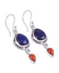Lapis Lazuli and Red Coral Drop Earring Silver Coral Earring