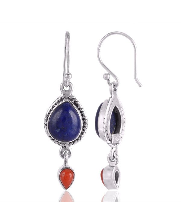 Lapis Lazuli and Red Coral Drop Earring Silver Coral Earring
