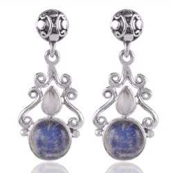 Rainbow Moonstone Round Stone Designer Silver Earring