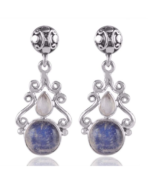 Rainbow Moonstone Round Stone Designer Silver Earring