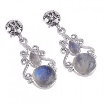Rainbow Moonstone Round Stone Designer Silver Earring