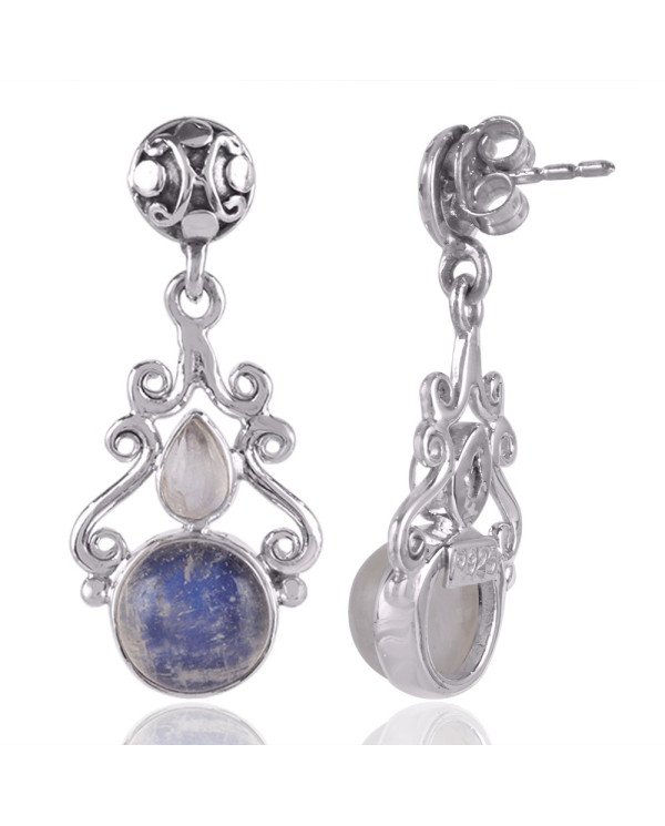 Rainbow Moonstone Round Stone Designer Silver Earring