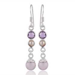 Rose Quartz Drop Amethyst and Pearl Long Dangle Silver Earring for Girls
