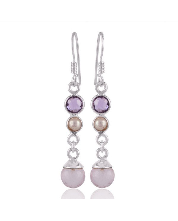 Rose Quartz Drop Amethyst and Pearl Long Dangle Silver Earring for Girls