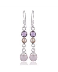 Rose Quartz Drop Amethyst and Pearl Long Dangle Silver Earring for Girls