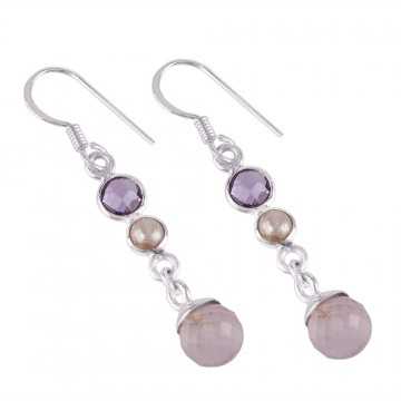 Rose Quartz Drop Amethyst and Pearl Long Dangle Silver Earring for Girls