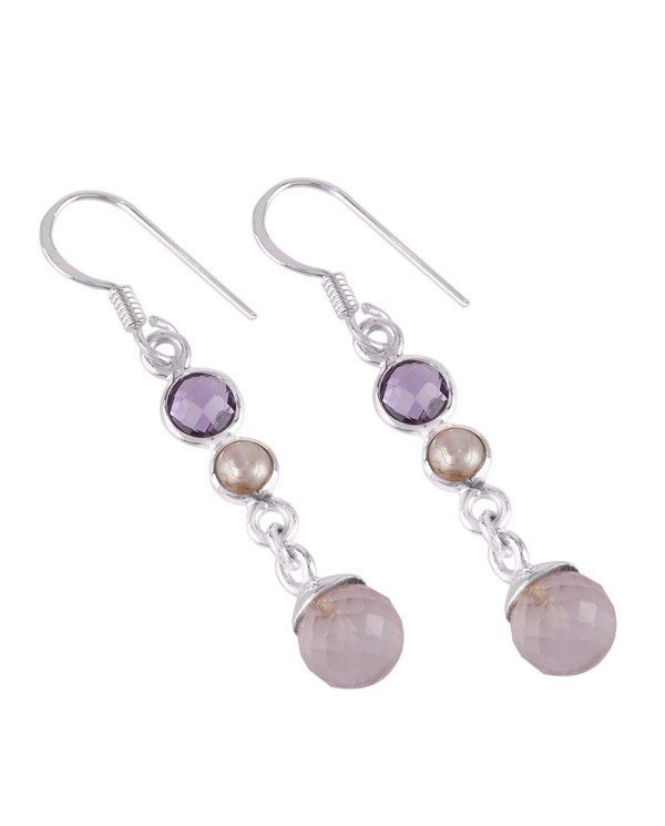 Rose Quartz Drop Amethyst and Pearl Long Dangle Silver Earring for Girls