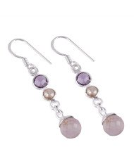 Rose Quartz Drop Amethyst and Pearl Long Dangle Silver Earring for Girls
