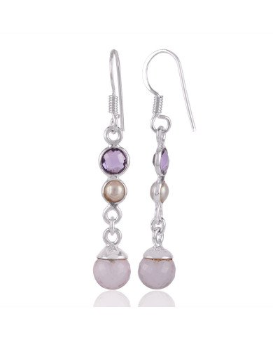 Rose Quartz Drop Amethyst and Pearl Long Dangle Silver Earring for Girls