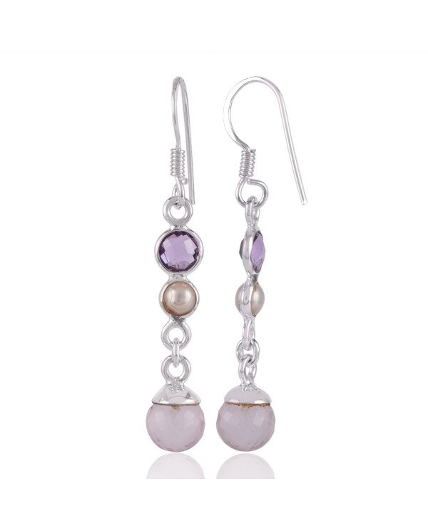 Rose Quartz Drop Amethyst and Pearl Long Dangle Silver Earring for Girls