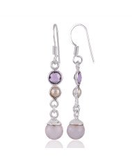 Rose Quartz Drop Amethyst and Pearl Long Dangle Silver Earring for Girls