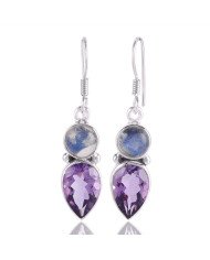 Rainbow Moonstone and Amethyst Drop Silver Earring